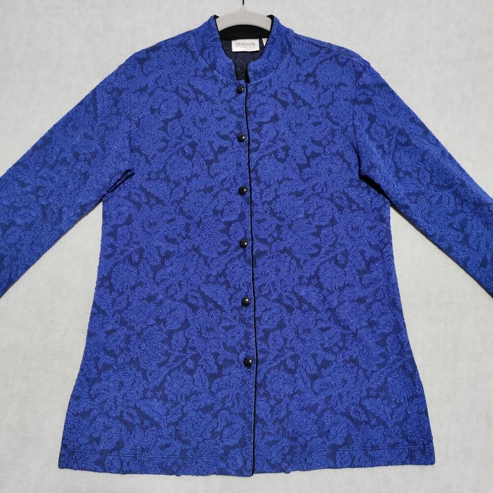 Chicos Travelers Size 0 (Small/4) Jacquard Button Up Blouse Jacket Blue Made USA - Picture 4 of 15